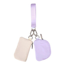 (Beige-Purple) Mini Portable Detachable Dual Pouch Wristlet Small Keychain Wallet Coin Purse Handbag