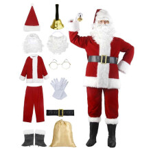 (XL) 11pcs Adult Deluxe Velvet Santa Costumes Christmas Santa Claus Outfits