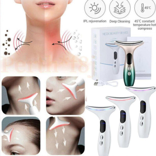 (White) Neck Face Lifting Massager Beauty Machine 3 LED Photon Therapy Massage Device