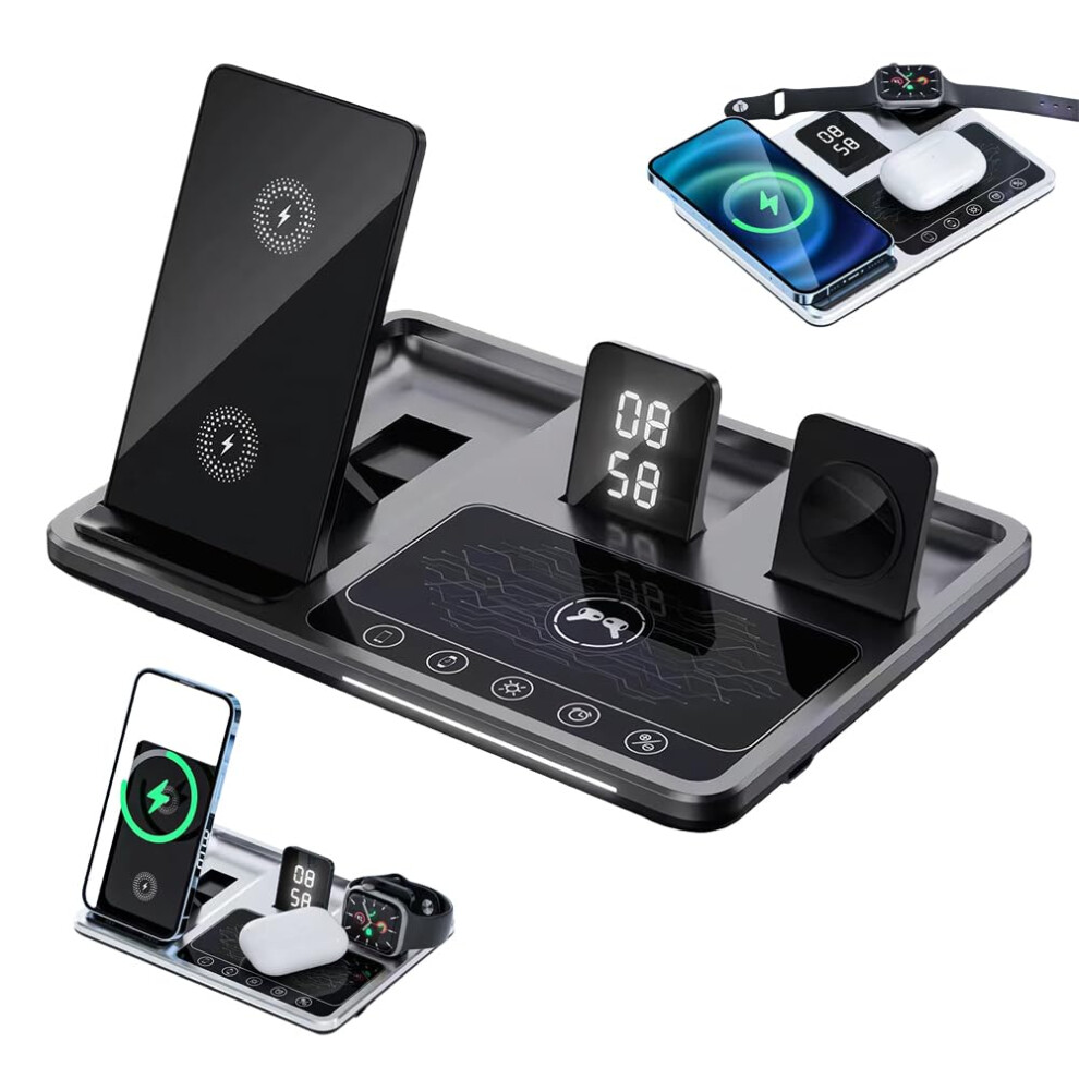6 In 1 Alarm Clock Wireless Charger Stand Fast Charging For Night Lamp And Clock Multiple Devices Refï¼Auu Gray 798135965621