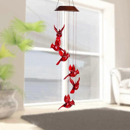 Vency Solar Red Bird Wind Chimes, Color Changing Solar Powered Red Cardinal Bird 2