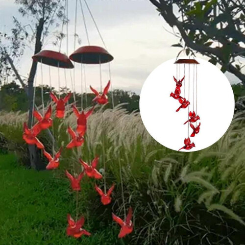 Vency Solar Red Bird Wind Chimes, Color Changing Solar Powered Red Cardinal Bird 1