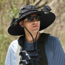 (Black) Men Sun Hat with 1/2 Solar Fan Fishing Hats Wide Brim Sun Hat for Summer Camping