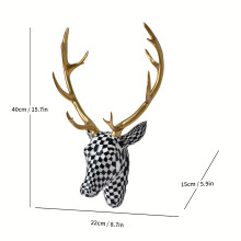 (Black And White) Elegant Modern Mosaic Deer Head Wall Art - Resin Sculpture with Black & White Checkered Pattern, Golden Antlers