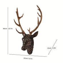 (Copper) Elegant Modern Mosaic Deer Head Wall Art - Resin Sculpture with Black & White Checkered Pattern, Golden Antlers