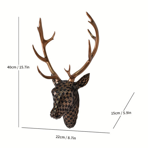 (Copper) Elegant Modern Mosaic Deer Head Wall Art - Resin Sculpture with Black & White Checkered Pattern, Golden Antlers