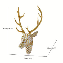 (Golden) Elegant Modern Mosaic Deer Head Wall Art - Resin Sculpture with Black & White Checkered Pattern, Golden Antlers