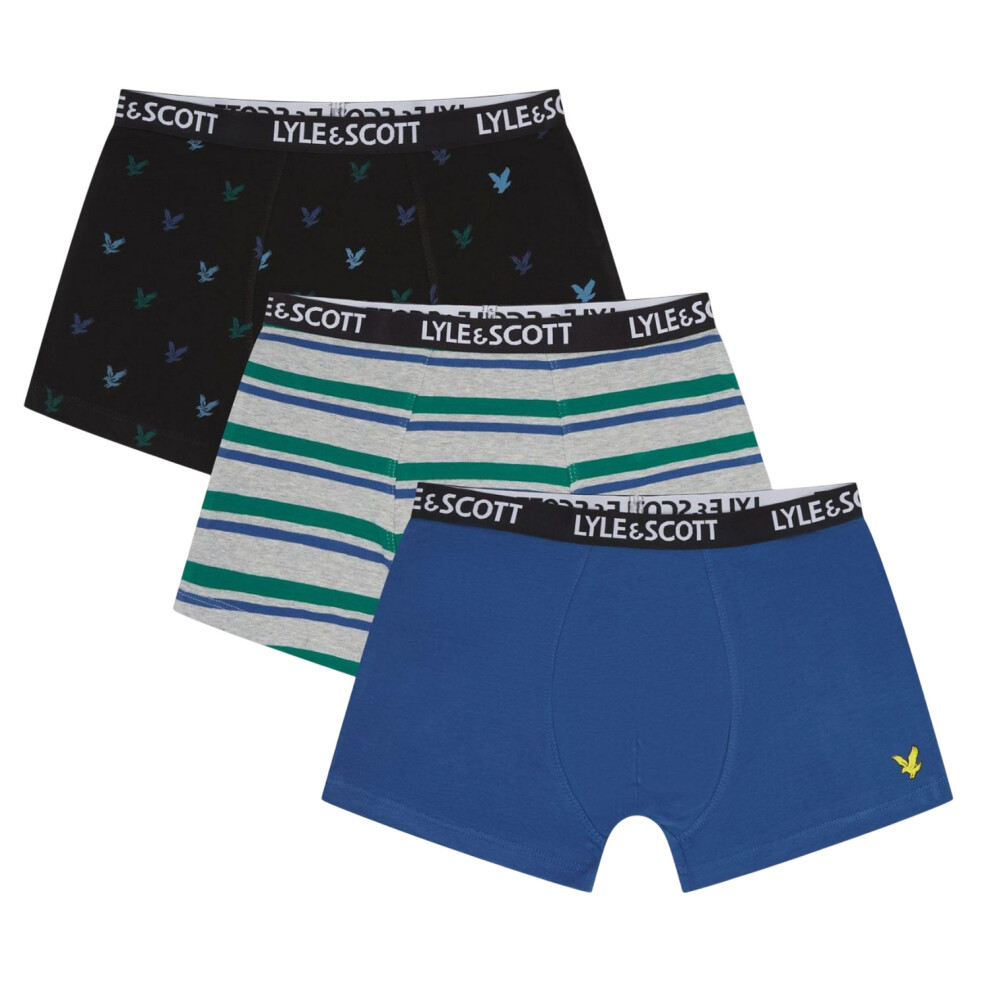 (10-12 Years, Dark Blue/Blue/Grey/Green) Lyle & Scott Boys Boxer Shorts (Pack of 3)-image-OPC-PHY56XV-NEW