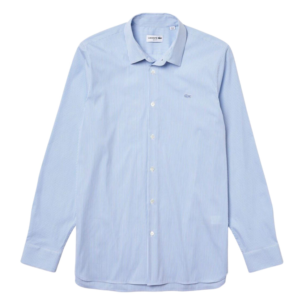 (15.5 in, Light Blue) Lacoste Mens Striped Poplin Stretch Slim Shirt