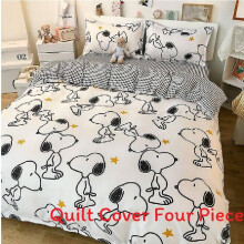 (White Snoopy, 1.8m x 2.2m) Water Printed Snoopy Wash Cotton Bedding Quilt Cover Four Piece Student Use For