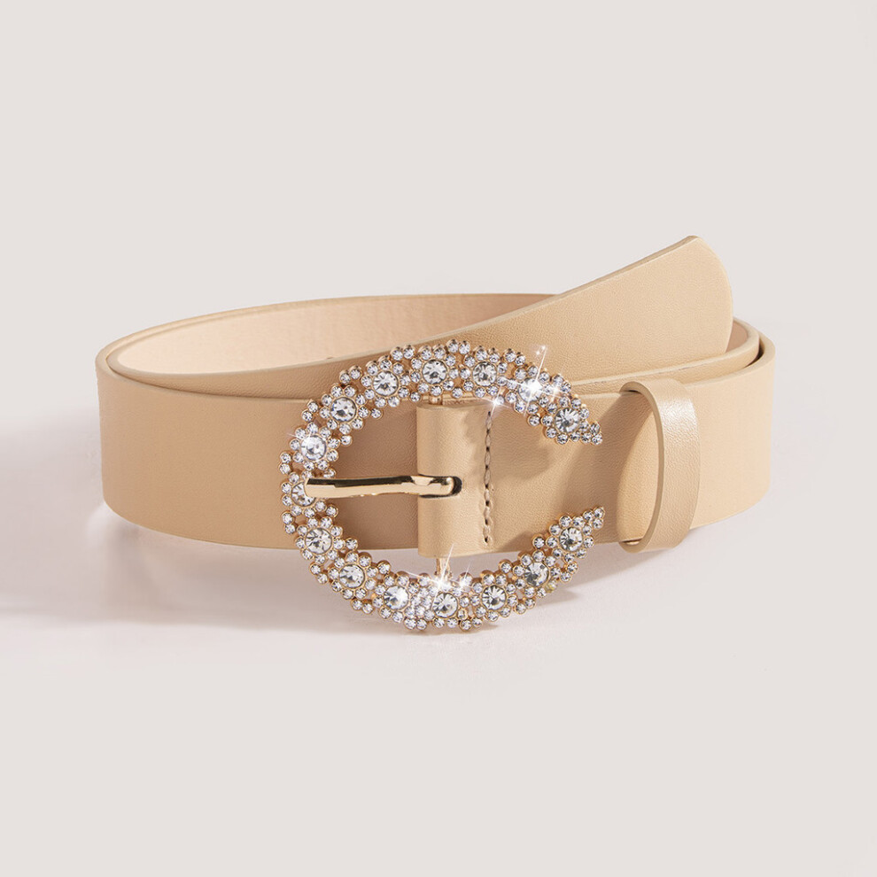 (Apricot) Artificial Womens Leather Belt Oval Leather Decoration Pin Belt Waist Buckle