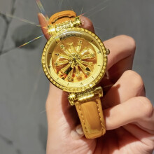 (Orange) Elegant Women's Quartz Watch with Rotating Starry Sky Dial & Sunburst Design, Stainless Steel Case & Orange PU Leather Strap - Daily Wear,