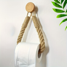 (1) Rustic Hemp Rope Toilet Paper Holder - Self-Adhesive Wall Mount Bathroom Tissue Storage with Wooden Knob, Natural Braided Design