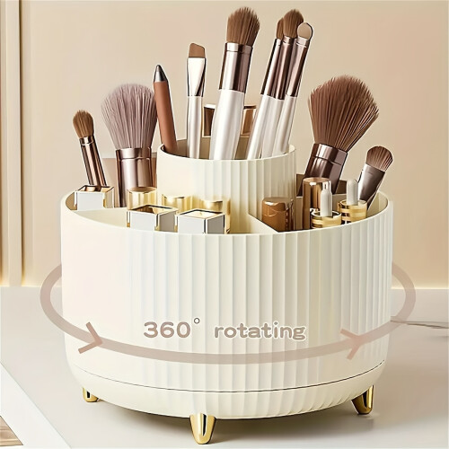 (White) 360 Rotating Makeup Organizer - 1pc Plastic Cosmetic Storage with 5 Compartments - Multi-Functional Holder for Brushes, Lipsticks