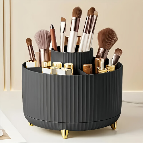 (Black) 360 Rotating Makeup Organizer - 1pc Plastic Cosmetic Storage with 5 Compartments - Multi-Functional Holder for Brushes, Lipsticks