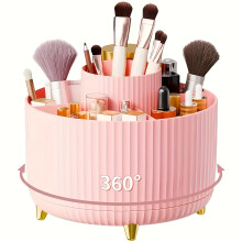 (Pink) 360 Rotating Makeup Organizer - 1pc Plastic Cosmetic Storage with 5 Compartments - Multi-Functional Holder for Brushes, Lipsticks