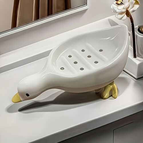 (White) 1pc Duck-Shaped Soap Dish with Self-Draining Waterfall Design, Plastic Rectangular Bathroom Soap Tray, Cute Yellow Duck Bath Organizer