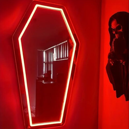 (?Red?) Gothic Coffin-Shaped Neon Wall Mirror - 1pc, USB Powered, Glass Surface, Horizontal, Irregular Decorative Art Style