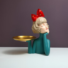 (Green) Artistic Abstract Girl Figurine with Storage Tray - Hand-Painted Resin Home Decor, No Battery Needed, Best for Christmas