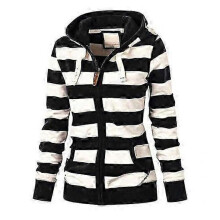 (L, black) Drawstring Long Sleeves Pockets Zipper Closure Sweatshirt Jacket Autumn Winter Women Striped Print Hoodie Coat
