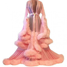 (L, Pink) Women"s Trailing Long Dress Feather Flared Sleeves Dress Perfect For Bachelorette Parties