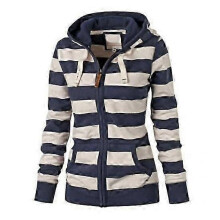 (XL, navy blue) Drawstring Long Sleeves Pockets Zipper Closure Sweatshirt Jacket Autumn Winter Women Striped Print Hoodie Coat