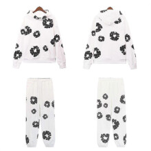 (S, white) Fall and Winter New DENIM Cotton Foam Printed High Street Casual Top + Pants Set
