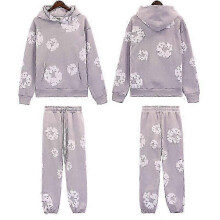 (S, grey) Fall and Winter New DENIM Cotton Foam Printed High Street Casual Top + Pants Set