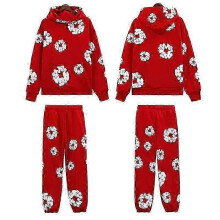 (S, red) Fall and Winter New DENIM Cotton Foam Printed High Street Casual Top + Pants Set