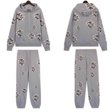 (M, grey1) Fall and Winter New DENIM Cotton Foam Printed High Street Casual Top + Pants Set
