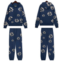 (L, navy blue) Fall and Winter New DENIM Cotton Foam Printed High Street Casual Top + Pants Set