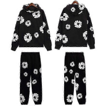 (L, BLACK1) Fall and Winter New DENIM Cotton Foam Printed High Street Casual Top + Pants Set