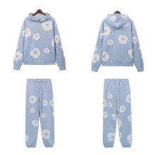 (L, blue) Fall and Winter New DENIM Cotton Foam Printed High Street Casual Top + Pants Set
