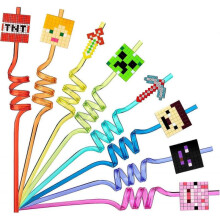 24Pcs Miner Craft Birthday Party Supplies Reusable Drinking Straws,8 Designs Pixel Themed Party Favors with 2 Cleaning Brush MWXG
