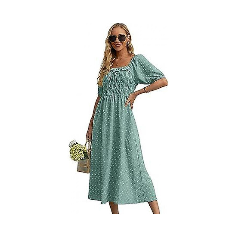 Women's Square Neck Midi Dress 2023 - Vintage Backless Puff Sleeve High Waist Ruffled A Line Flowy Dres-image
