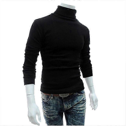 (L,Black)Mens Knitwear Roll Turtle Neck Pullover Jumper Tops Sweater Blouse