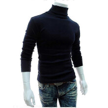 (L, Navy Blue) Mens Knitwear Roll Turtle Neck Pullover Jumper Tops Sweater Blouse
