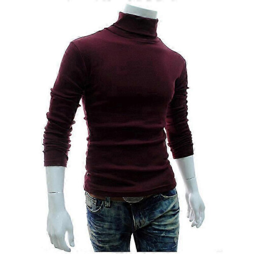 (M,Wine Red)Mens Knitwear Roll Turtle Neck Pullover Jumper Tops Sweater Blouse