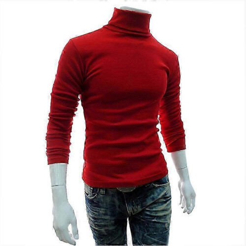 (M,Red)Mens Knitwear Roll Turtle Neck Pullover Jumper Tops Sweater Blouse