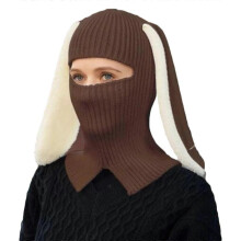 (brown) Halloween Balaclava Knit Beanie Hat Colorful Bunny Party Holiday Winter Warm Hat Full-Head Bunny Theme for Teens White