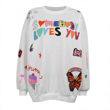(L, White) Women Long Sleeve Sweatshirt Harajuku Colorful Letters Graffiti Oversized Tops White S