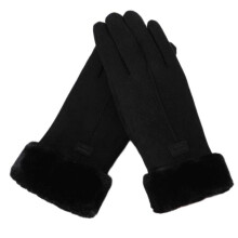 Winter Warm Imitation Suede Leather Touchscreen Gloves for Women Fleece Lined Full Fingered Mittens with Plush Trim  Black