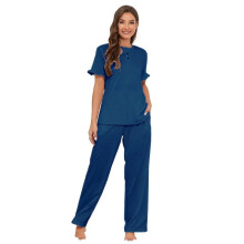 (S, Navy blue) Women Cotton Pajamas Short Sleeve Pajama Set Summer T-Shirt Tops and Drawstring Long Pants Casual 2Pieces Loungewear Pink XL