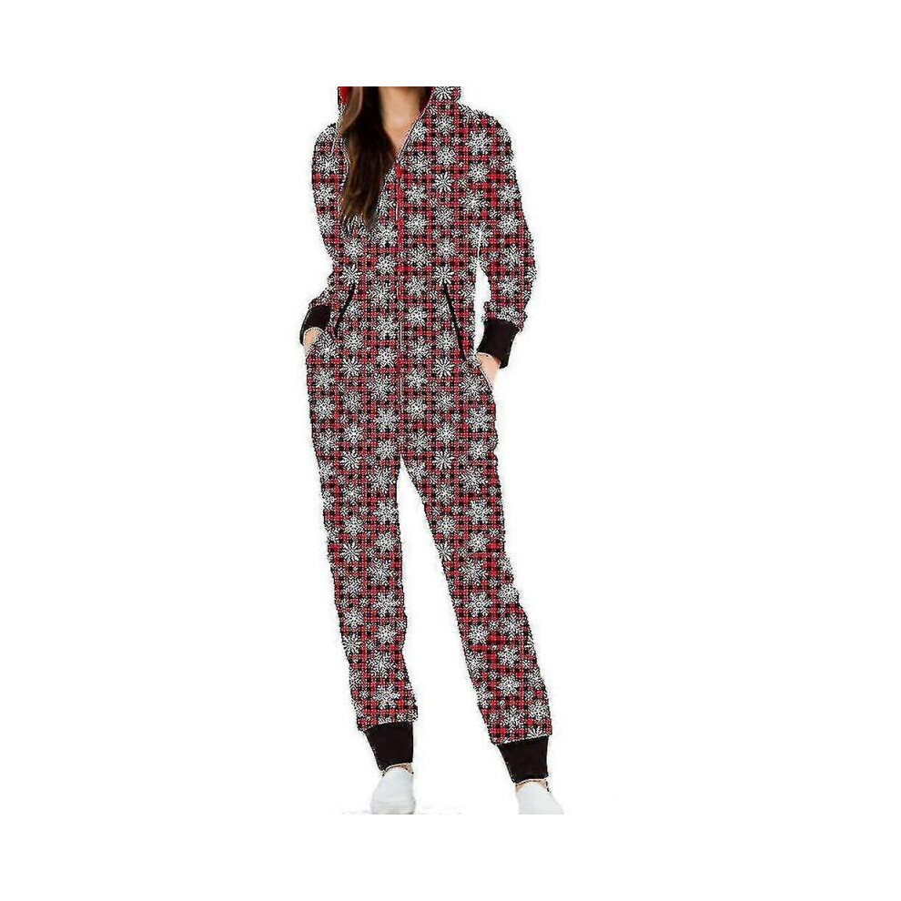 (XL,Snowflake Plaid)Women Christmas Onesie One-piece Zip Jumpsuit Hoodie Playsuit Pyjamas Xmas Nightwear Loungewear-mxbc-Good