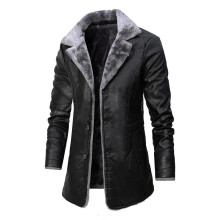 (Black, UK S) Faux Leather Fur Lined Long Coat Sheepskin Warm Winter Shearling Men's Jacket UK