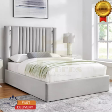 (Cream (without Mattress), 3ft Single (with Gaslift)) Luxury Bed Frame Velvet Strip Panel Double Bed with 54" Headboard, Mattress & Gas Lift option