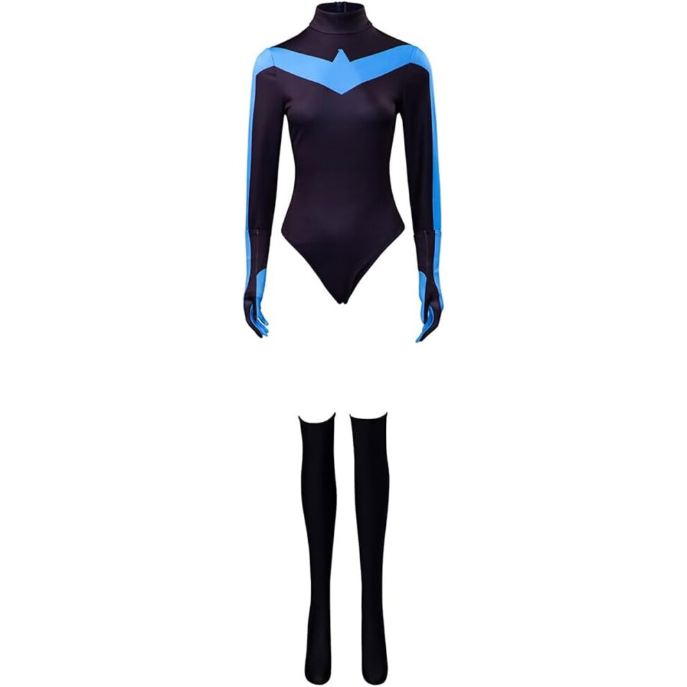(XS) Black & Blue Superhero Cosplay Costume Bodysuit Jumpsuit Halloween Costume for Women
