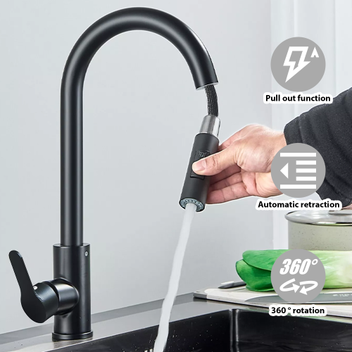 Black 360° Kitchen Sink  Pull Out Spout Spray Single Lever Modern  Tap 1
