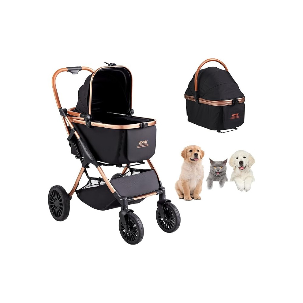 Vevor Dog Stroller With Rotating Wheels, Brakes, 66 Lbs Capacity, Detachable Carrier, Storage Basket
