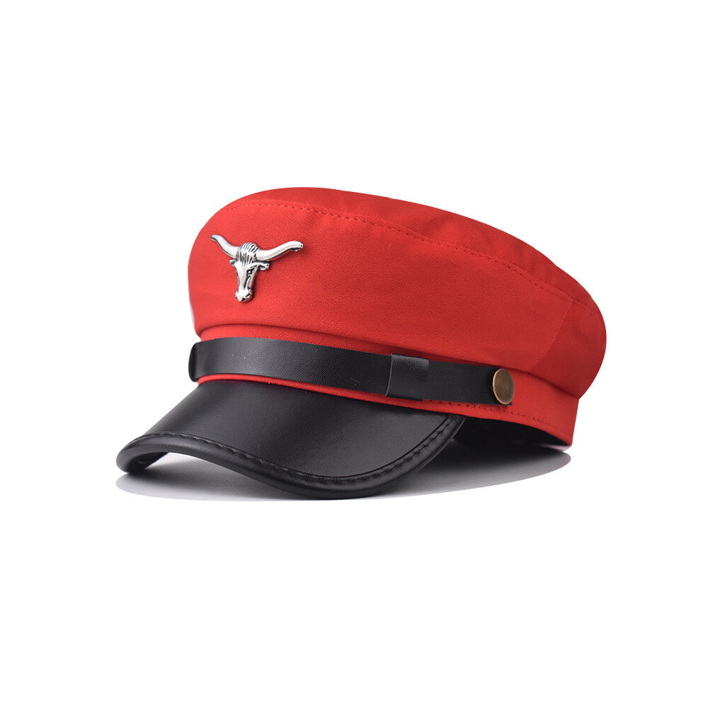 (Red) Retro With Beret Metal Bull Head Decoration And Solid Color Design For Daily-image-OPC-PHY9ZWF-NEW
